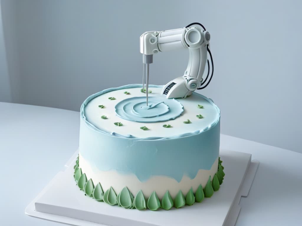  A minimalistic image of a sleek, futuristic robotic arm delicately piping intricate designs on a beautifully crafted cake. The background is a soft, neutral tone to emphasize the precision and elegance of the automation process in pastry making. The focus is on the seamless integration of technology and artistry, symbolizing the benefits and challenges faced by chefs in embracing automation in the realm of pastry. hyperrealistic, full body, detailed clothing, highly detailed, cinematic lighting, stunningly beautiful, intricate, sharp focus, f/1. 8, 85mm, (centered image composition), (professionally color graded), ((bright soft diffused light)), volumetric fog, trending on instagram, trending on tumblr, HDR 4K, 8K