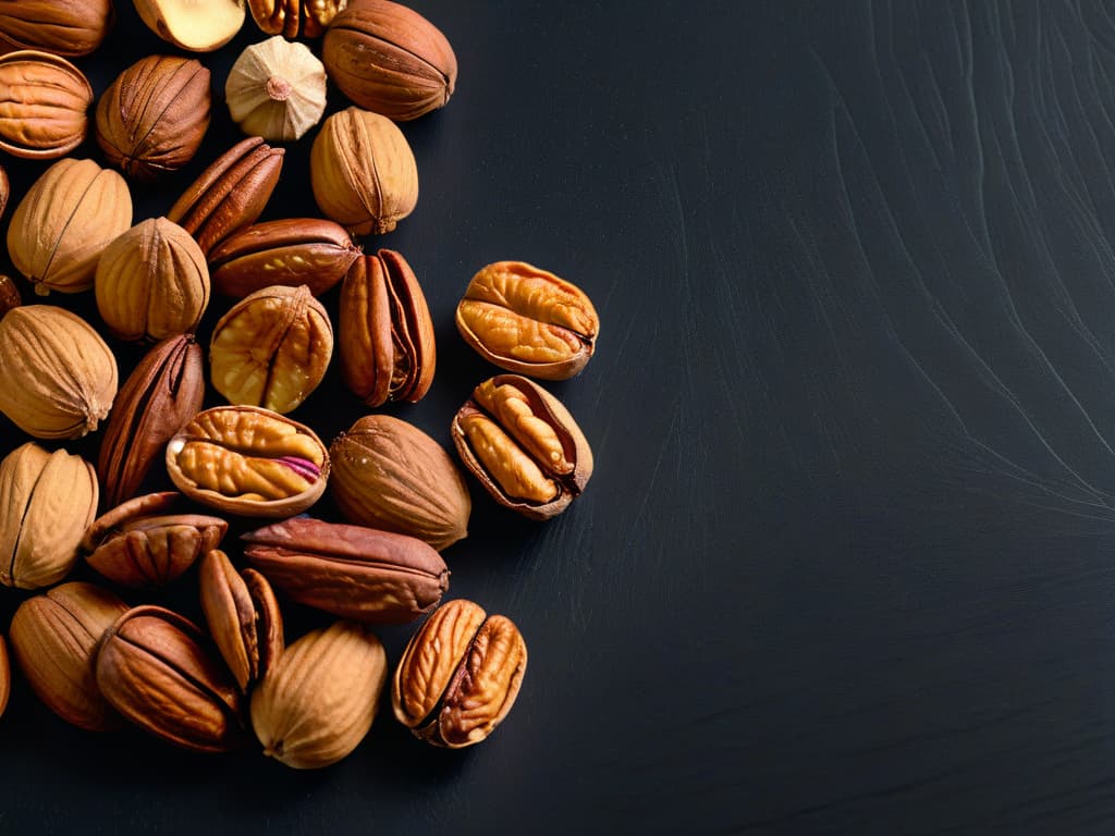  A closeup, ultradetailed image of a perfectly arranged row of activated walnuts, almonds, and pecans on a sleek, matte black surface. The nuts are delicately cracked open to reveal their golden, nutrientrich insides, with tiny droplets of water glistening on their surface, showcasing their freshness and quality. The lighting is soft and natural, casting subtle shadows that highlight the texture and intricate details of each nut, creating a visually striking and appetizing composition. hyperrealistic, full body, detailed clothing, highly detailed, cinematic lighting, stunningly beautiful, intricate, sharp focus, f/1. 8, 85mm, (centered image composition), (professionally color graded), ((bright soft diffused light)), volumetric fog, trending on instagram, trending on tumblr, HDR 4K, 8K