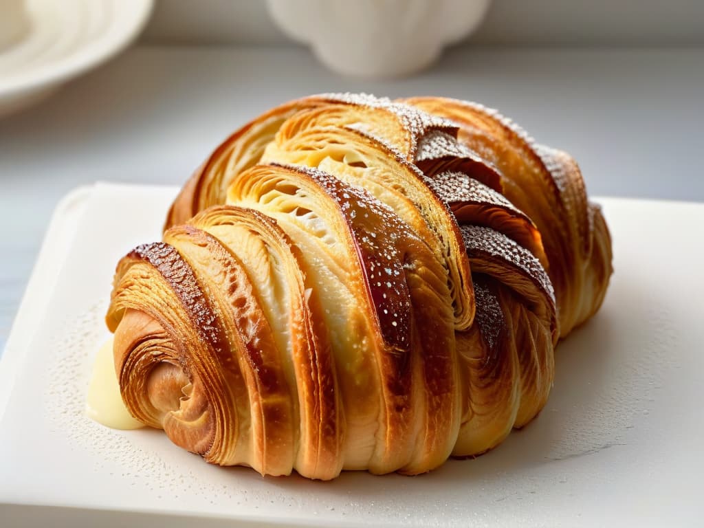  A closeup, ultradetailed image of a perfectly flaky croissant, showcasing its goldenbrown crust with delicate layers of buttery pastry inside. The lighting emphasizes the texture, with tiny droplets of condensation glistening on the surface, inviting the viewer to appreciate the precision of baking temperatures in achieving the ideal texture for pastries. hyperrealistic, full body, detailed clothing, highly detailed, cinematic lighting, stunningly beautiful, intricate, sharp focus, f/1. 8, 85mm, (centered image composition), (professionally color graded), ((bright soft diffused light)), volumetric fog, trending on instagram, trending on tumblr, HDR 4K, 8K