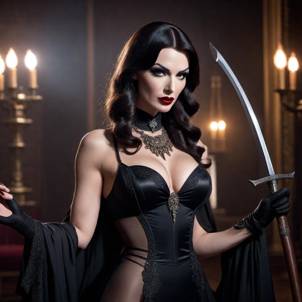  a burlesque dancer in Betty Page style dancing gracefully with the Grim Reaper in an artful and stylish scene. The dancer has a 1950s pin-up look with dark, wavy hair, a revealing yet elegant costume, and striking makeup. The Grim Reaper, shrouded in dark robes, holds a scythe, but poses in a contrastingly gentle manner, creating an intriguing and mysterious atmosphere. hyperrealistic, full body, detailed clothing, highly detailed, cinematic lighting, stunningly beautiful, intricate, sharp focus, f/1. 8, 85mm, (centered image composition), (professionally color graded), ((bright soft diffused light)), volumetric fog, trending on instagram, trending on tumblr, HDR 4K, 8K