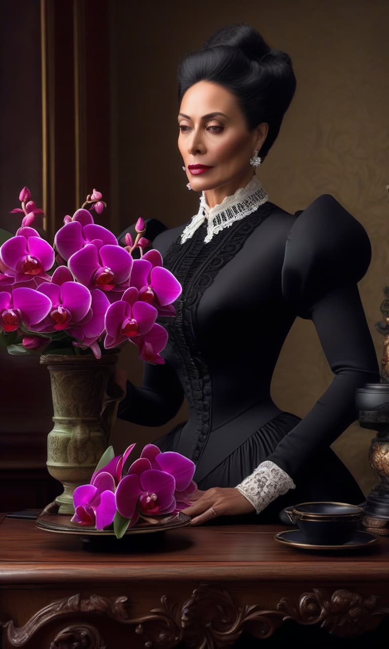  Victorian beauty in mourning wearing black dress with a bouquet of orchids from the 1870s, a rose colored orchid bouquet on the table. hyperrealistic, full body, detailed clothing, highly detailed, cinematic lighting, stunningly beautiful, intricate, sharp focus, f/1. 8, 85mm, (centered image composition), (professionally color graded), ((bright soft diffused light)), volumetric fog, trending on instagram, trending on tumblr, HDR 4K, 8K