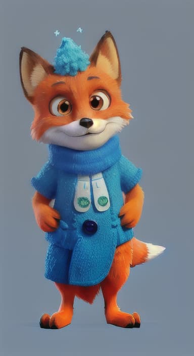  {Error the fox pressing the blue button with his paw, looking puzzled as nothing occurs., Error is a small, bright orange fox with a fluffy tail and big, inquisitive eyes. He has a mischievous yet kind expression and wears a tiny green scarf.