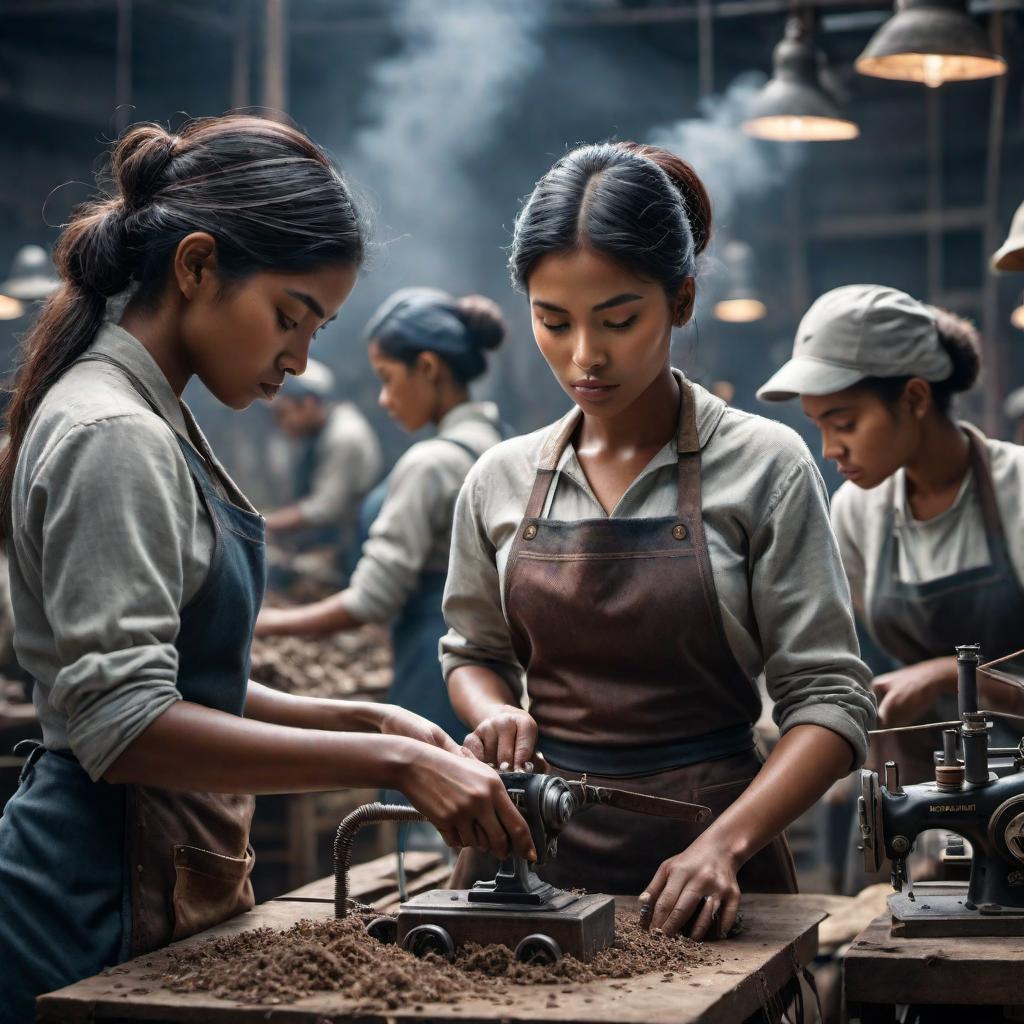  Revisualize the image of children working in a sweatshop. hyperrealistic, full body, detailed clothing, highly detailed, cinematic lighting, stunningly beautiful, intricate, sharp focus, f/1. 8, 85mm, (centered image composition), (professionally color graded), ((bright soft diffused light)), volumetric fog, trending on instagram, trending on tumblr, HDR 4K, 8K