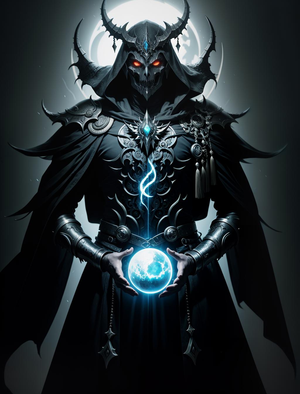  Agethle, the Enigmatic Arbiter of Chaos and Death, is portrayed in this image as an eerie and elusive deity of Chaotic Neutral alignment. He exists as a spectral, luminous orb radiating an unsettling dark hue, shrouded in a haunting aura of pure chaos.