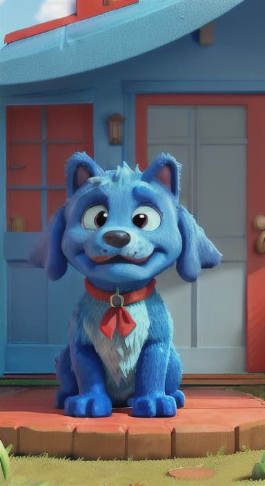  {Max the big blue dog standing in front of a cozy little house with a red door, The big blue dog is large with sky blue fur, big round eyes, a black nose, and floppy ears.