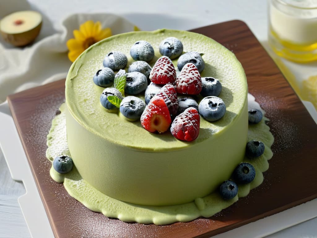  The image showcases a beautifully crafted vegan dessert platter, featuring a variety of colorful and intricately designed plantbased sweets. In the center, a decadent chocolate avocado mousse is elegantly piped into swirls, garnished with fresh raspberries and mint leaves. Surrounding it are small, delicate chia seed pudding cups topped with vibrant mixed berries and edible flowers. To the side, a stack of fluffy vegan pancakes drizzled with maple syrup and coconut cream, dusted with powdered sugar. The background is softly blurred, emphasizing the details and textures of each dessert, highlighting their natural ingredients and artistic presentation. hyperrealistic, full body, detailed clothing, highly detailed, cinematic lighting, stunningly beautiful, intricate, sharp focus, f/1. 8, 85mm, (centered image composition), (professionally color graded), ((bright soft diffused light)), volumetric fog, trending on instagram, trending on tumblr, HDR 4K, 8K