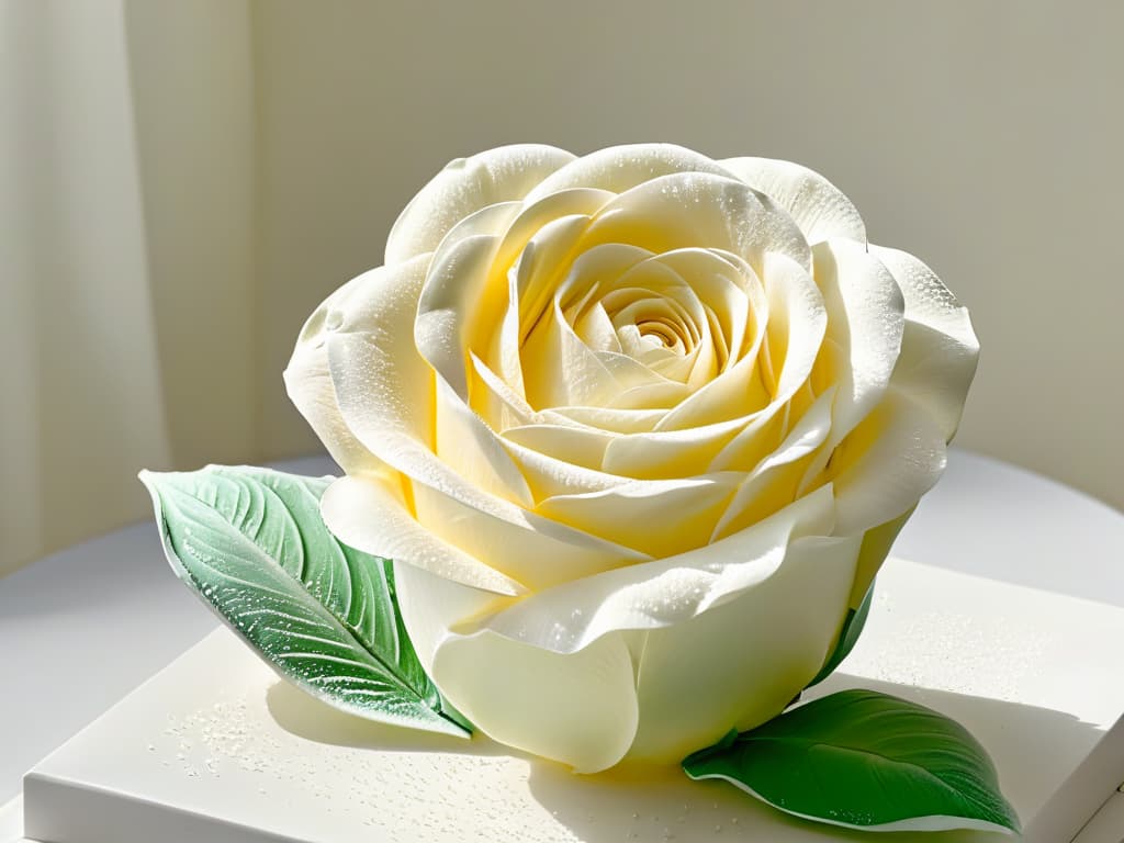  A closeup, highresolution image of a delicate sugar sculpture of a blooming rose, intricately crafted with smooth, flawless petals that glisten under soft, natural light. The details are astonishing, showcasing the fine texture and subtle gradations of the sugar medium, creating a mesmerizing ethereal beauty that captivates the viewer's eye. The background is subtly blurred, emphasizing the purity and elegance of the sugar artwork, making it a perfect representation of the ephemeral yet enchanting nature of sugar sculptures. hyperrealistic, full body, detailed clothing, highly detailed, cinematic lighting, stunningly beautiful, intricate, sharp focus, f/1. 8, 85mm, (centered image composition), (professionally color graded), ((bright soft diffused light)), volumetric fog, trending on instagram, trending on tumblr, HDR 4K, 8K