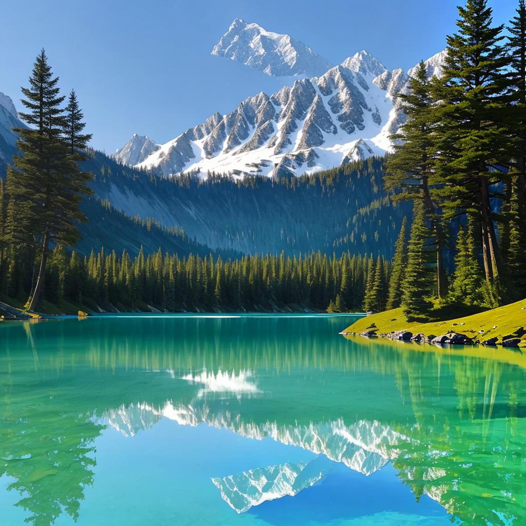  as a painting, Convey the serene majesty of towering mountains reflected in the crystal-clear waters of a tranquil alpine lake, using your unique artistic vision to evoke a sense of awe and tranquility.