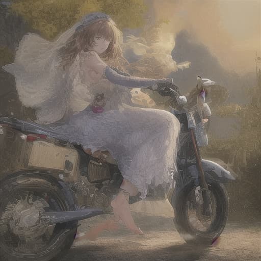 Picture a beautiful barefoot woman, veiled , riding a motorcycle  As she rides, the wind gently lifts her veil and raises her dress She drives barefoot, sandals hanging from the motorcycle. The sun dazzles her path as she rides