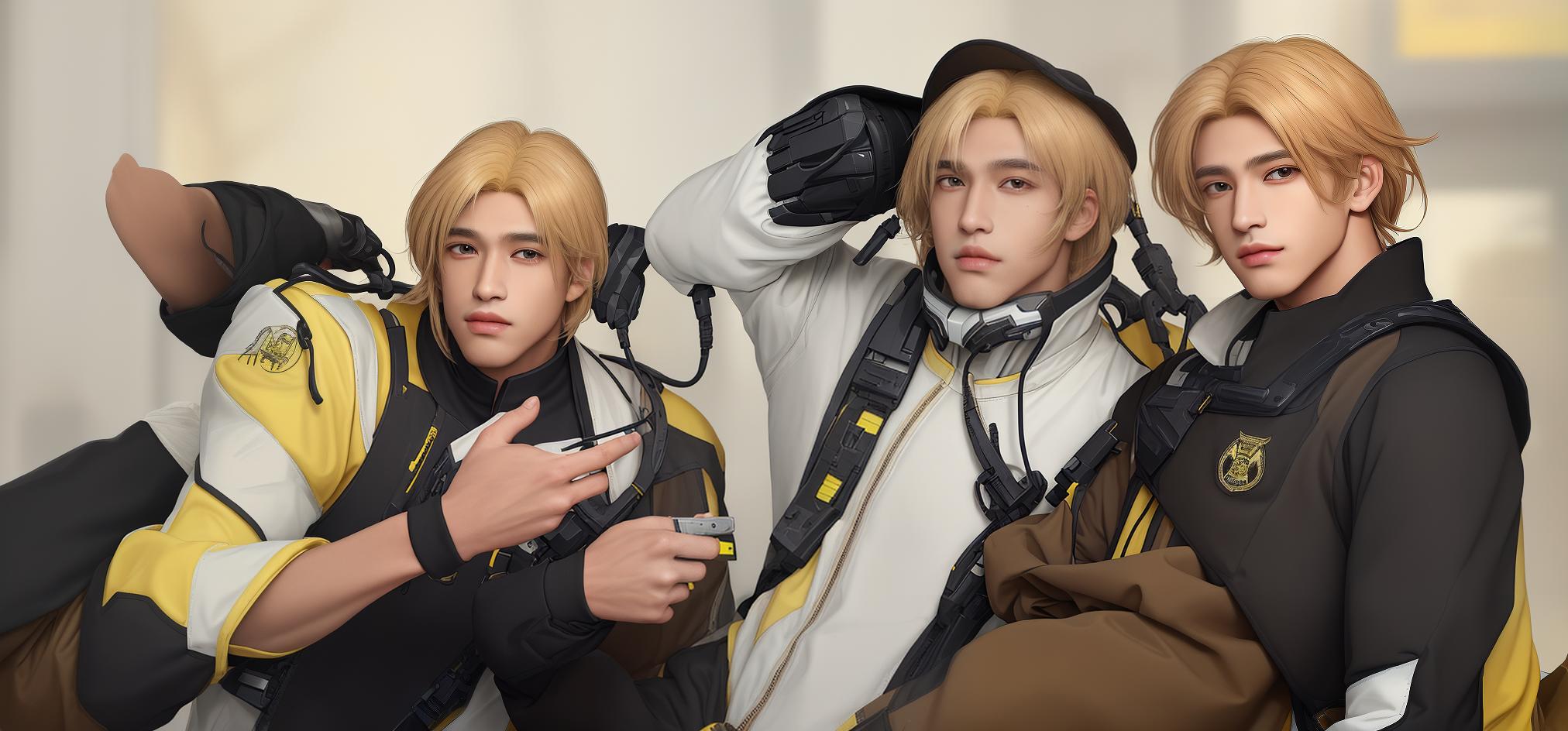  masterpiece, best quality, boys,yellow hairs,light brown skin, hight tech wear