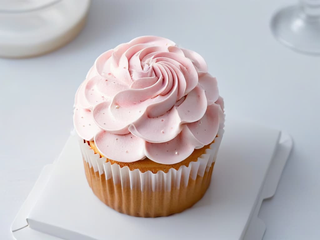  A closeup, ultradetailed image of a perfectly frosted cupcake, topped with delicate swirls of pastel pink buttercream and shimmering edible pearls, set against a clean, white background. The frosting is flawlessly smooth, with intricate piped details that showcase the artistry and precision of a beginner's first steps in the sweet world of baking. hyperrealistic, full body, detailed clothing, highly detailed, cinematic lighting, stunningly beautiful, intricate, sharp focus, f/1. 8, 85mm, (centered image composition), (professionally color graded), ((bright soft diffused light)), volumetric fog, trending on instagram, trending on tumblr, HDR 4K, 8K