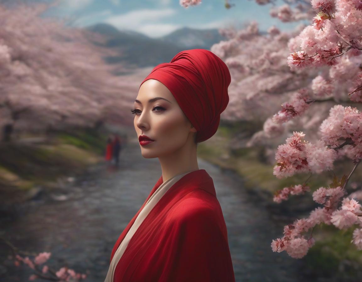  concept art A digital art portrait of a woman with a red headscarf, cherry blossoms in her hair, and serene landscape in the background. . digital artwork, illustrative, painterly, matte painting, highly detailed hyperrealistic, full body, detailed clothing, highly detailed, cinematic lighting, stunningly beautiful, intricate, sharp focus, f/1. 8, 85mm, (centered image composition), (professionally color graded), ((bright soft diffused light)), volumetric fog, trending on instagram, trending on tumblr, HDR 4K, 8K