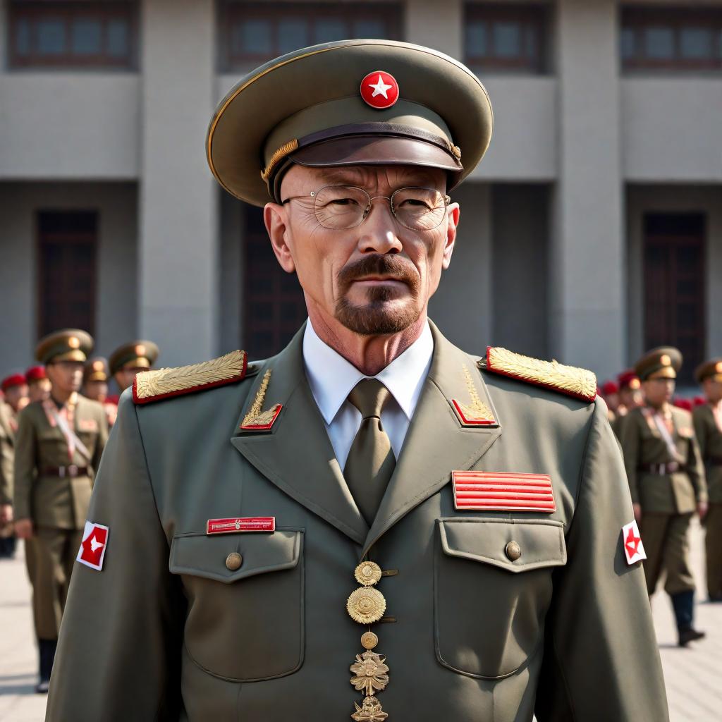  Create an image of Walter White from the TV series "Breaking Bad" dressed in a North Korean army general's uniform, complete with a large general's hat. He should be easily recognizable with his bald head and glasses, standing in Kim Il-sung Square in Pyongyang during a military parade, as if he is saluting from a viewing stand with a realistic North Korean military backdrop that includes soldiers, military vehicles, and flags. hyperrealistic, full body, detailed clothing, highly detailed, cinematic lighting, stunningly beautiful, intricate, sharp focus, f/1. 8, 85mm, (centered image composition), (professionally color graded), ((bright soft diffused light)), volumetric fog, trending on instagram, trending on tumblr, HDR 4K, 8K