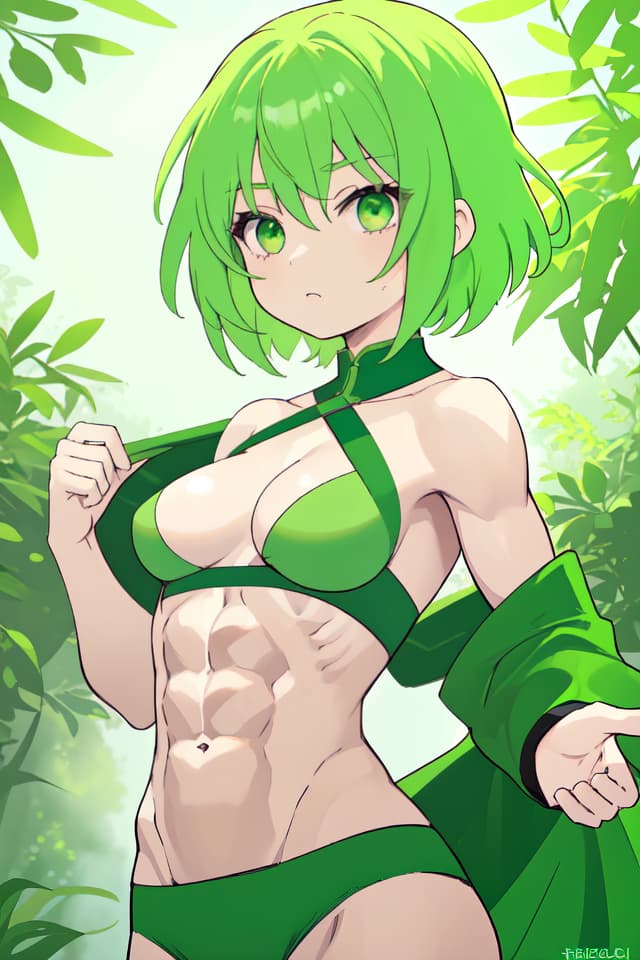  Green hair beautiful girl with beautiful abs