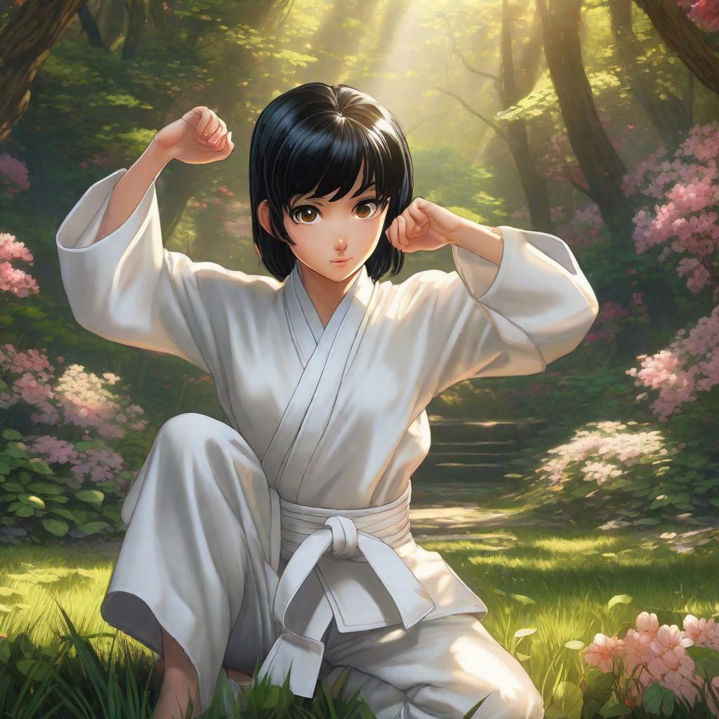  A black haired child wearing a white karate uniform was lying on the ground., anime concept art by Hayao Miyazaki, featured on pixiv, fantasy art, concept art, official art, high detailed hyperrealistic, full body, detailed clothing, highly detailed, cinematic lighting, stunningly beautiful, intricate, sharp focus, f/1. 8, 85mm, (centered image composition), (professionally color graded), ((bright soft diffused light)), volumetric fog, trending on instagram, trending on tumblr, HDR 4K, 8K