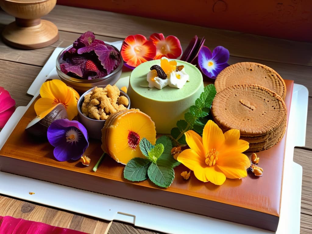  An ultradetailed image of a vibrant and intricate platter of African desserts, showcasing an array of colorful treats such as millet cakes, baobab fruit sorbet, and spicy peanut brittle, all beautifully arranged on a rustic wooden table. The desserts are garnished with fresh mint leaves and edible flowers, highlighting the unique flavors and ingredients of traditional African sweets. The lighting is soft and natural, casting a warm glow on the desserts and creating a visually appealing contrast between the rich textures and bright colors of the treats. hyperrealistic, full body, detailed clothing, highly detailed, cinematic lighting, stunningly beautiful, intricate, sharp focus, f/1. 8, 85mm, (centered image composition), (professionally color graded), ((bright soft diffused light)), volumetric fog, trending on instagram, trending on tumblr, HDR 4K, 8K