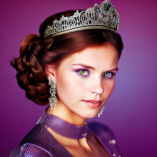 portrait+ style princess with short brown hair, a purple dress, a tiara, a purple necklace, in front of a castle