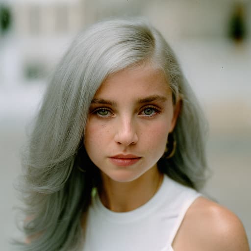analog style full length shot of cute young female extra terrestrial human female hybrid, big dark almond shaped eyes, white hair and grey skin, standing on ledge, nothing on, octane rendering, hyper realistic, perfect face features, 35mm lens, ultra-detailed