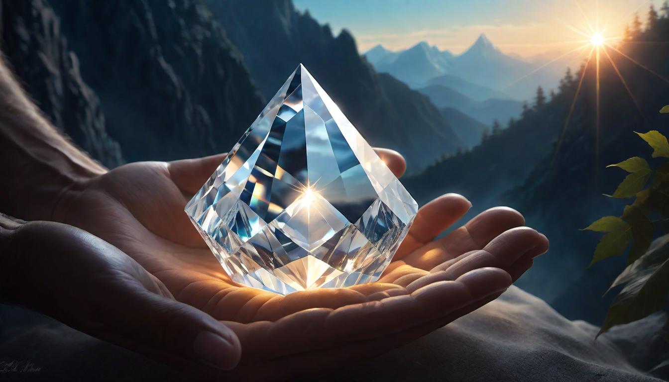  （surrealism)A crystal glowing with an inner light in the palm of an open hand, gift of insight, crystal facets catch the light, suggesting depth and complexity, magical, enlightening mystic, intricate details, best quality)