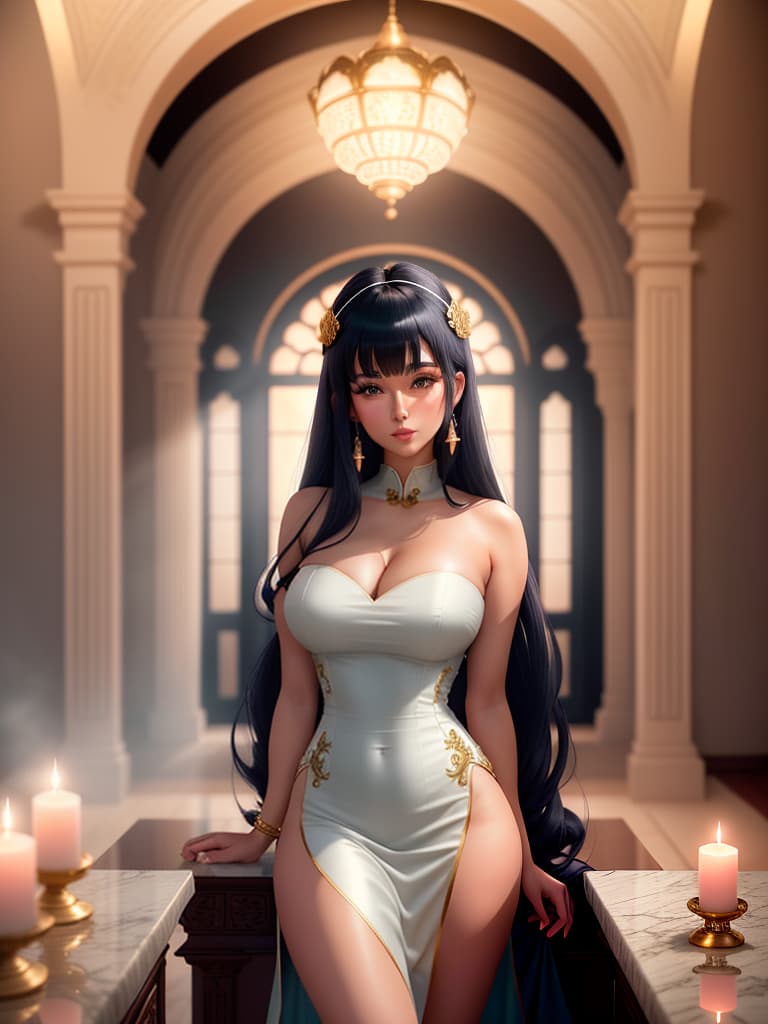  An cute and anime wearing blue china dress, black mid length hair with bangs, bare shoulders, bare arms, exudes feminine charm, greeny eyes with attractive lashes, full subtle mauve lipstick, large s covered by curved fit dress, blush, expression on face Background:luxurious room in a grand palace, oval freestanding tub with gold accents, marble floors with reflections, tall arched windows, stargazing view through a gl ceiling, warm ambient lighting, scattered rose petals, ornate pillars and arches, high end spa atmosphere, candles casting soft glow, fluffy white towels, elegant floral arrangements in vases, tranquil and serene mood, indoor poolside cherry blossoms. hyperrealistic, full body, detailed clothing, highly detailed, cinematic lighting, stunningly beautiful, intricate, sharp focus, f/1. 8, 85mm, (centered image composition), (professionally color graded), ((bright soft diffused light)), volumetric fog, trending on instagram, trending on tumblr, HDR 4K, 8K