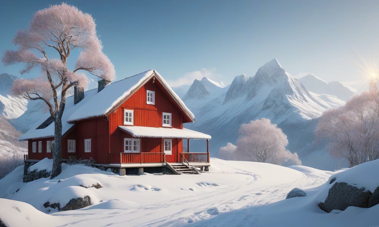  concept art Norwegian small red house far in the mountains in winter, minimalism. . digital artwork, illustrative, painterly, matte painting, highly detailed hyperrealistic, full body, detailed clothing, highly detailed, cinematic lighting, stunningly beautiful, intricate, sharp focus, f/1. 8, 85mm, (centered image composition), (professionally color graded), ((bright soft diffused light)), volumetric fog, trending on instagram, trending on tumblr, HDR 4K, 8K