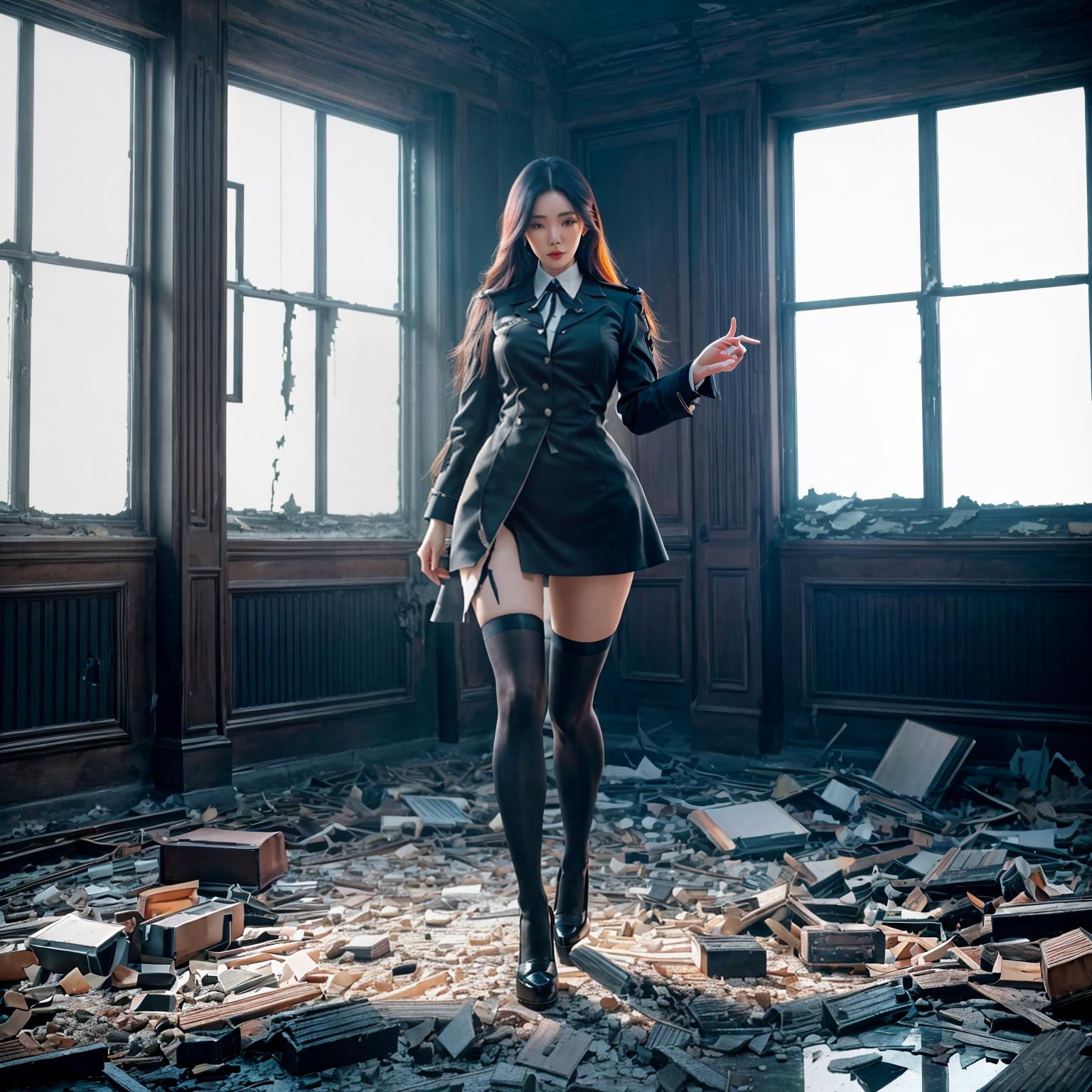  A wearing uniform and black stockings is running through a room with a broken window. beauty asia idol face, beauty face, perfect body, The room appears to be in a state of disrepair, with debris scattered around. The has a determined look on her face as she navigates through the ruined space. There's a scary huge monster running behind . hyperrealistic, full body, detailed clothing, highly detailed, cinematic lighting, stunningly beautiful, intricate, sharp focus, f/1. 8, 85mm, (centered image composition), (professionally color graded), ((bright soft diffused light)), volumetric fog, trending on instagram, trending on tumblr, HDR 4K, 8K