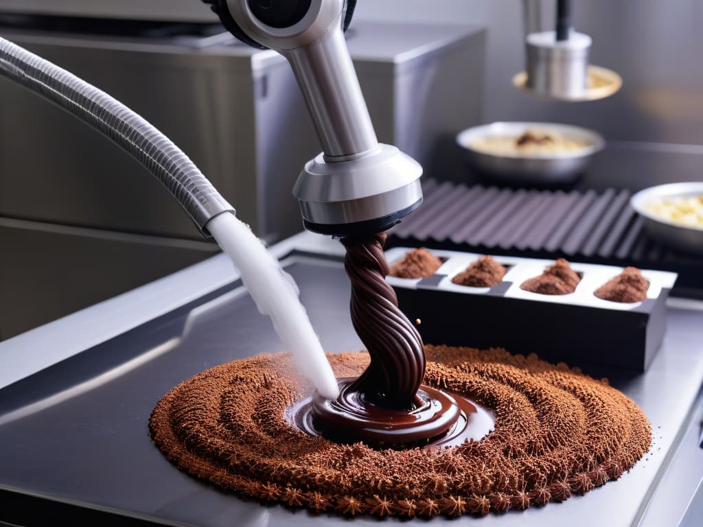  A photorealistic image showcasing a stateoftheart robotic arm meticulously tempering a luxurious stream of rich, velvety chocolate into intricate molds, capturing the precision and innovation of modern chocolatemaking technology. The sleek metallic arm is surrounded by a symphony of swirling cocoa hues, exuding an air of professionalism and inspiration in the realm of chocolatier craftsmanship. hyperrealistic, full body, detailed clothing, highly detailed, cinematic lighting, stunningly beautiful, intricate, sharp focus, f/1. 8, 85mm, (centered image composition), (professionally color graded), ((bright soft diffused light)), volumetric fog, trending on instagram, trending on tumblr, HDR 4K, 8K