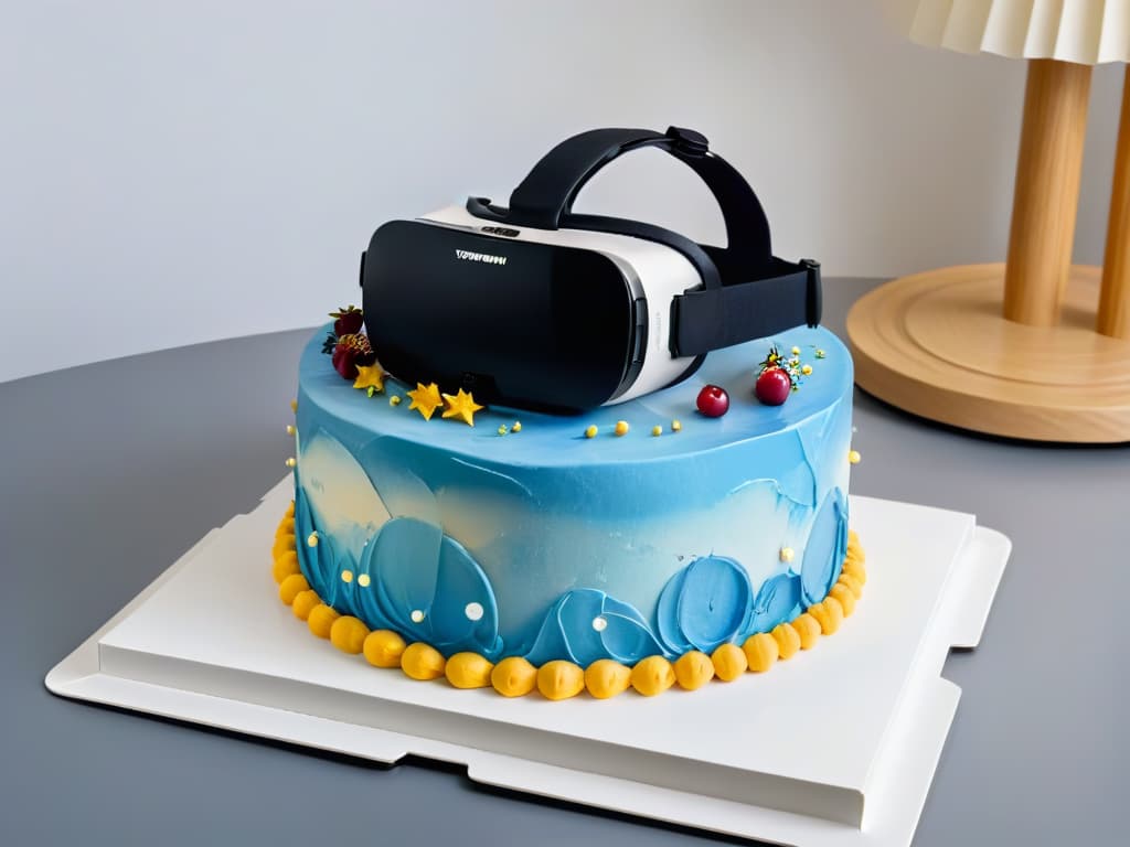  A closeup, ultradetailed image of a virtual reality headset displaying a highly realistic 3D model of a beautifully decorated cake, with intricate frosting details and vibrant colors. The headset is placed on a sleek, modern desk against a clean, white background, highlighting the futuristic and innovative aspect of using VR technology in pastry education. hyperrealistic, full body, detailed clothing, highly detailed, cinematic lighting, stunningly beautiful, intricate, sharp focus, f/1. 8, 85mm, (centered image composition), (professionally color graded), ((bright soft diffused light)), volumetric fog, trending on instagram, trending on tumblr, HDR 4K, 8K