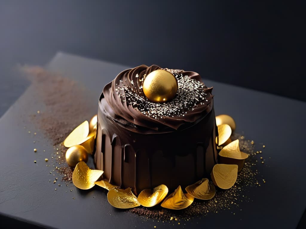  A closeup, ultradetailed image of a decadent dark chocolate truffle being delicately dusted with shimmering gold flakes, set against a sleek, matte black backdrop. The rich, glossy texture of the chocolate contrasts beautifully with the subtle, luxurious sparkle of the gold, creating a visually striking and sophisticated composition that evokes a sense of indulgence and elegance. hyperrealistic, full body, detailed clothing, highly detailed, cinematic lighting, stunningly beautiful, intricate, sharp focus, f/1. 8, 85mm, (centered image composition), (professionally color graded), ((bright soft diffused light)), volumetric fog, trending on instagram, trending on tumblr, HDR 4K, 8K