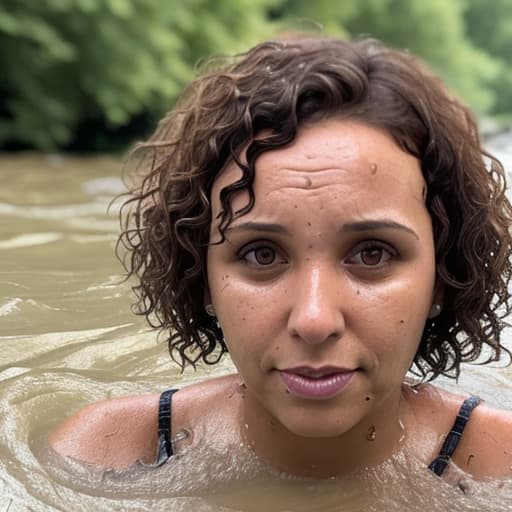  tanned woman's face with short and curly hair drowning in the river she looks panic