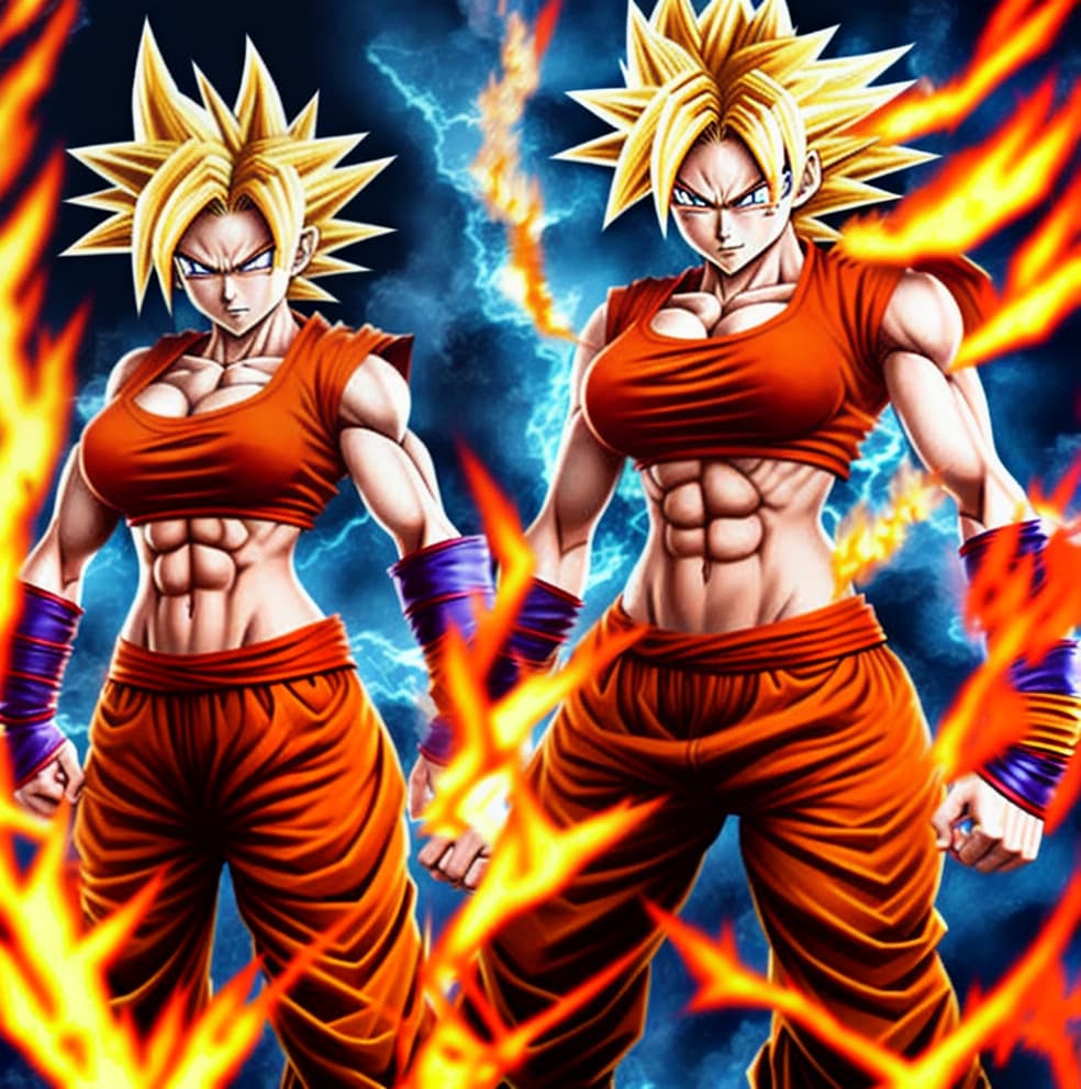  Female super sayan, red goku kostüm. Cute body. Sayan hair, fire eyes, fire hands, high resolution