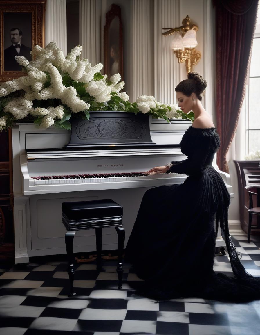  A Victorian beauty in mourning in a black dress plays on the black and white keys of a white piano, leaning slightly away from a table with a bouquet of white lilacs from the 1870s. hyperrealistic, full body, detailed clothing, highly detailed, cinematic lighting, stunningly beautiful, intricate, sharp focus, f/1. 8, 85mm, (centered image composition), (professionally color graded), ((bright soft diffused light)), volumetric fog, trending on instagram, trending on tumblr, HDR 4K, 8K