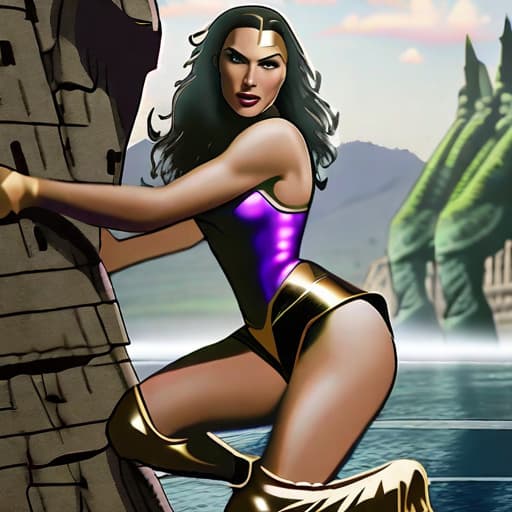  sweating Gal Gadot in fantasy outfit bodytight short dress bending over stone wall while chased by giant ape King Kong smashing trees to the ground