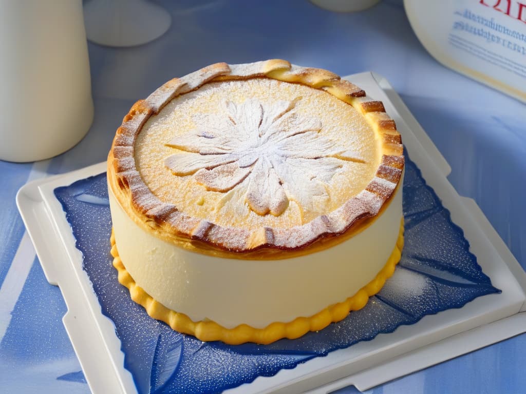  A closeup, ultradetailed image of a freshly baked Pastel de Belém, showcasing its golden flaky crust, creamy custard filling speckled with vanilla beans, and a light dusting of cinnamon on top. The pastry sits on a delicate porcelain plate with intricate blue Portuguese tiles serving as the backdrop, capturing the essence of traditional Portuguese dessertmaking. hyperrealistic, full body, detailed clothing, highly detailed, cinematic lighting, stunningly beautiful, intricate, sharp focus, f/1. 8, 85mm, (centered image composition), (professionally color graded), ((bright soft diffused light)), volumetric fog, trending on instagram, trending on tumblr, HDR 4K, 8K