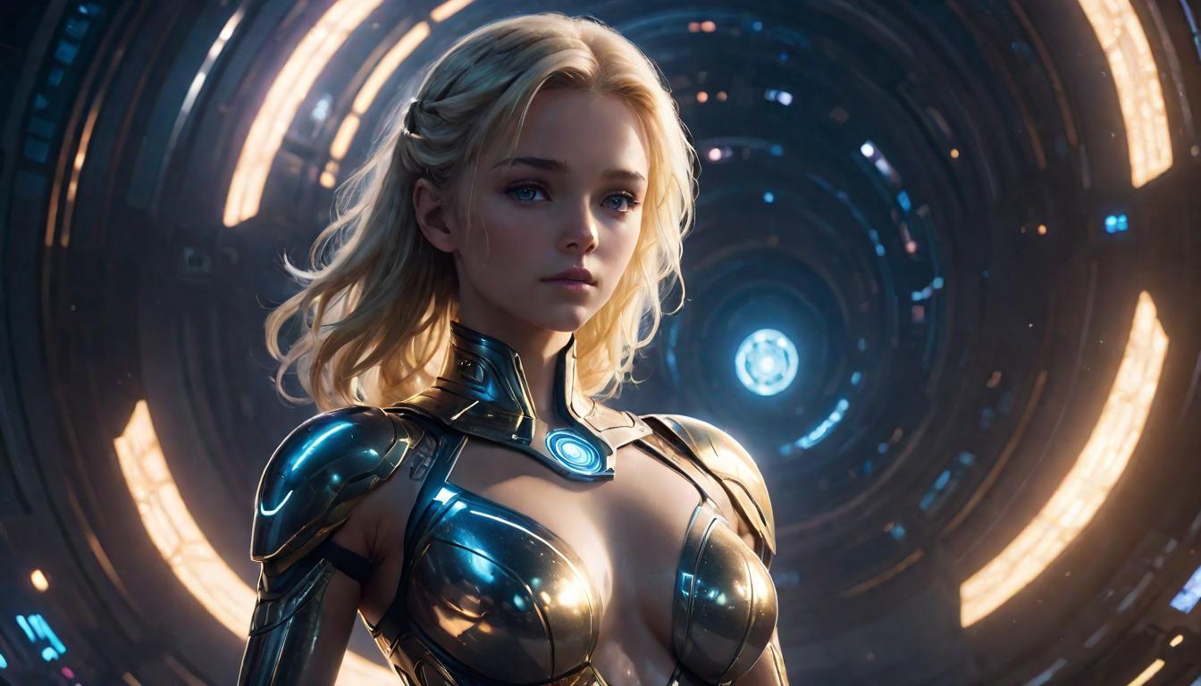  1girl, large busted attractive blonde arian female humanoid, in meditative trance, surrounded by shimmering light and celestial symbols, feeling of divine connection, high tech clothing clad in sleek, futuristic costume with metallic accents and form fitting designs, marvel superhero comics style, unreal engine rendering