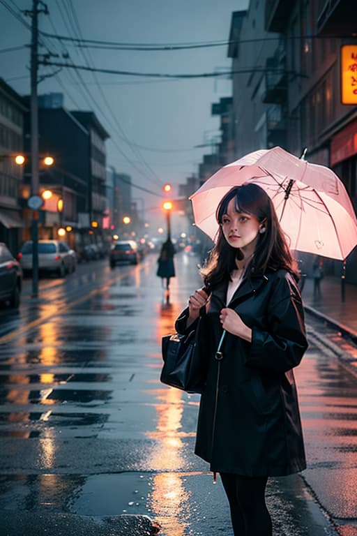  A beautiful girl stands alone on a street corner at night. She stands on the rain soaked sidewalk with a pale pink umbrella. Her long black hair sways in the wind, and her gentle expression seems to suggest she is waiting for someone. Behind her, neon signs glitter, reflecting the rain soaked road. In contrast to the people passing by around her, the girl stands alone, silently. She looks up and sees the dark night sky. Perhaps the girl&#39;s heart is overflowing with thoughts of the person she is meeting. This fleeting scene exudes a beautiful, fleeting atmosphere, like a scene from a movie. hyperrealistic, full body, detailed clothing, highly detailed, cinematic lighting, stunningly beautiful, intricate, sharp focus, f/1. 8, 85mm, (centered image composition), (professionally color graded), ((bright soft diffused light)), volumetric fog, trending on instagram, trending on tumblr, HDR 4K, 8K