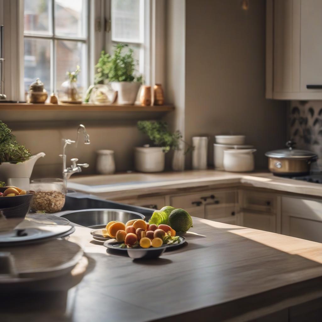  cinematic film still photography, beautiful countertop, minimalist kitchen, slightly angled view from above, detail, realism . shallow depth of field, vignette, highly detailed, high budget, bokeh, cinemascope, moody, epic, gorgeous, film grain, grainy hyperrealistic, full body, detailed clothing, highly detailed, cinematic lighting, stunningly beautiful, intricate, sharp focus, f/1. 8, 85mm, (centered image composition), (professionally color graded), ((bright soft diffused light)), volumetric fog, trending on instagram, trending on tumblr, HDR 4K, 8K