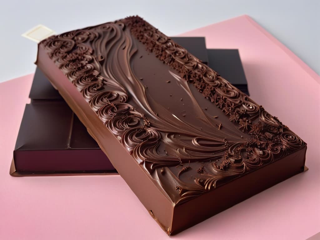  A closeup, ultradetailed image of a glossy, perfectly tempered chocolate bar, showcasing a smooth and flawless surface with intricate swirls and patterns, set against a stark white background to emphasize the minimalistic aesthetic. The chocolate should appear rich and luxurious, inviting the viewer to appreciate its expert craftsmanship and flawless finish. hyperrealistic, full body, detailed clothing, highly detailed, cinematic lighting, stunningly beautiful, intricate, sharp focus, f/1. 8, 85mm, (centered image composition), (professionally color graded), ((bright soft diffused light)), volumetric fog, trending on instagram, trending on tumblr, HDR 4K, 8K