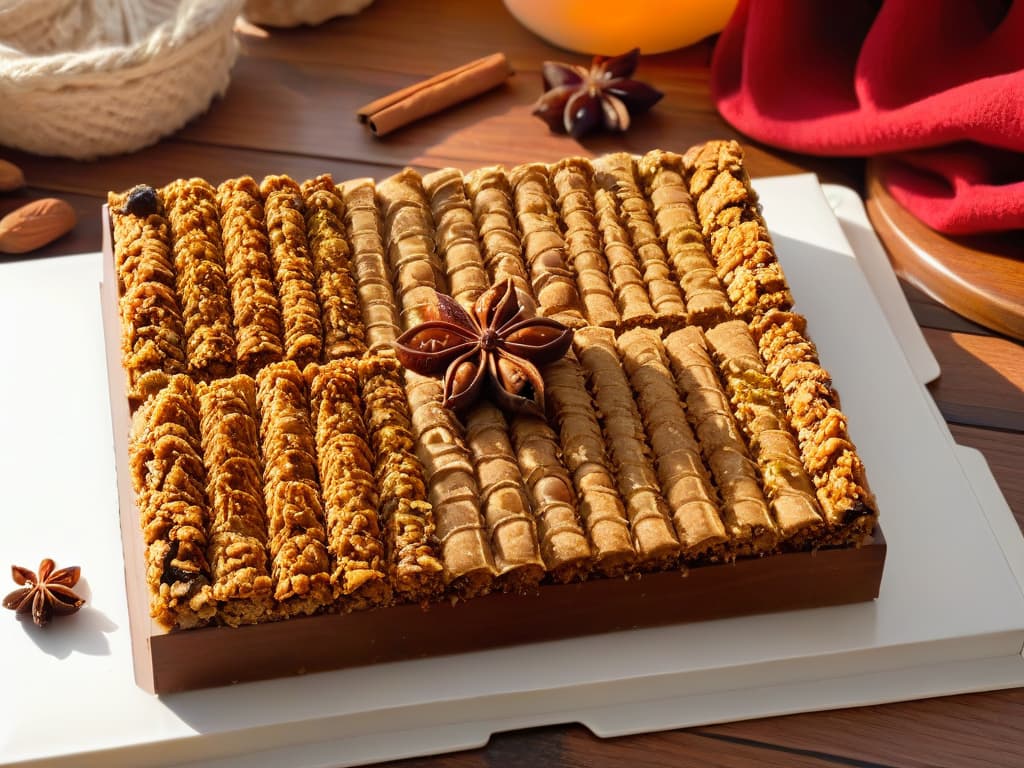  A photorealistic image of a rustic wooden table adorned with an assortment of freshly baked autumn spice granola bars. The bars are perfectly goldenbrown, studded with plump raisins, crunchy almonds, and aromatic cinnamon. Sunlight filters through a nearby window, casting a warm, inviting glow on the textured surface of the bars, highlighting their mouthwatering details. The scene is completed with a scattering of whole spices like cinnamon sticks and star anise, enhancing the cozy, seasonal vibe of the image. hyperrealistic, full body, detailed clothing, highly detailed, cinematic lighting, stunningly beautiful, intricate, sharp focus, f/1. 8, 85mm, (centered image composition), (professionally color graded), ((bright soft diffused light)), volumetric fog, trending on instagram, trending on tumblr, HDR 4K, 8K