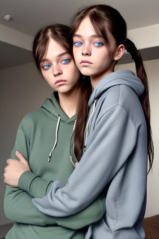  Generate twins, make the woman a lot older than the man, give her blue eyes, long hair tied into a high messy ponytail, and make her wear a casual dark green summer dress. For the man, give him messy wavy hair, make him wear a dark blue hoodie with tight grey sweatpants, make him a muscular, tall, bandages around his arms and a bruise under his left eye, make the twins cross their arms and have soft happy expressions