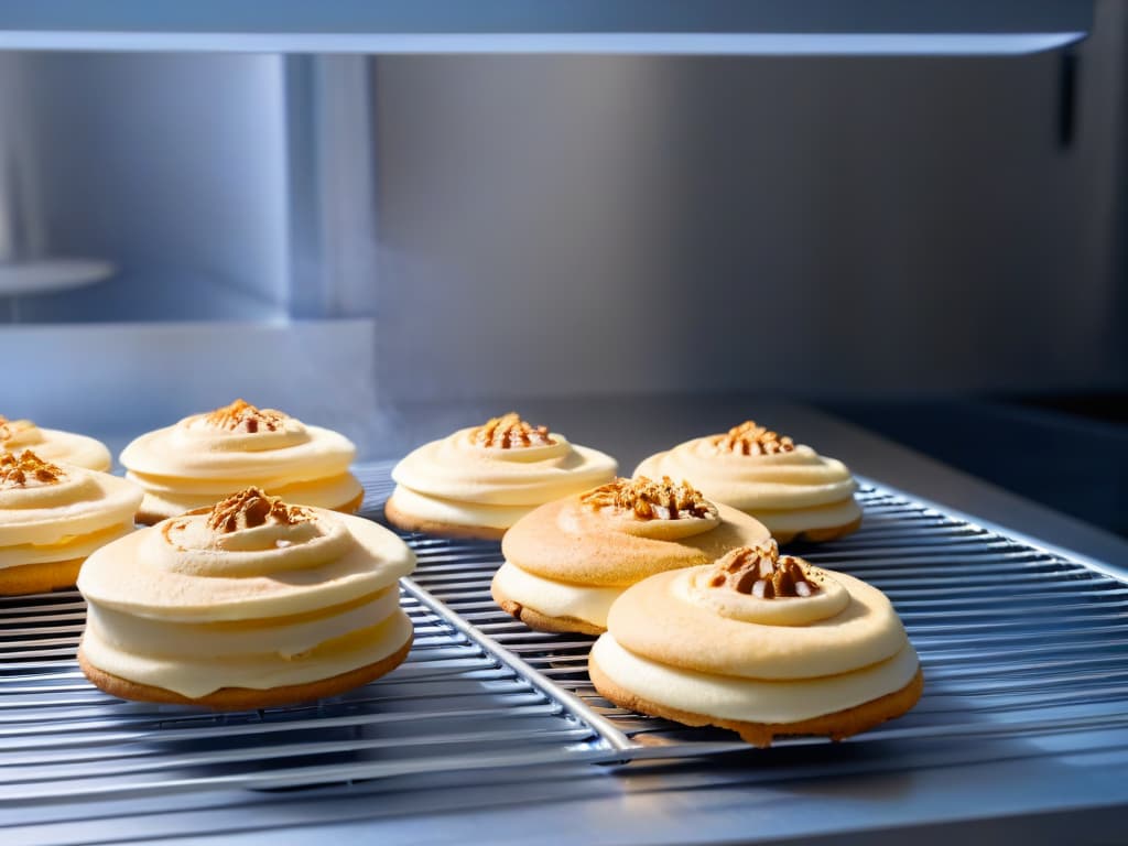  A sleek and futuristic robotic arm delicately placing a goldenbrown, perfectly baked cookie onto a cooling rack, with a soft focus background of a modern kitchen filled with advanced baking equipment. hyperrealistic, full body, detailed clothing, highly detailed, cinematic lighting, stunningly beautiful, intricate, sharp focus, f/1. 8, 85mm, (centered image composition), (professionally color graded), ((bright soft diffused light)), volumetric fog, trending on instagram, trending on tumblr, HDR 4K, 8K