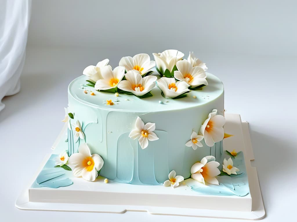  An image of a pristine white fondant cake with flawless, mirrorlike glaze reflecting a soft, natural light. The cake is adorned with delicate edible flowers in pastel hues, showcasing intricate detailing and perfect finishes. The minimalistic design highlights the smooth texture and impeccable craftsmanship, evoking a sense of elegance and precision in edible artistry. hyperrealistic, full body, detailed clothing, highly detailed, cinematic lighting, stunningly beautiful, intricate, sharp focus, f/1. 8, 85mm, (centered image composition), (professionally color graded), ((bright soft diffused light)), volumetric fog, trending on instagram, trending on tumblr, HDR 4K, 8K