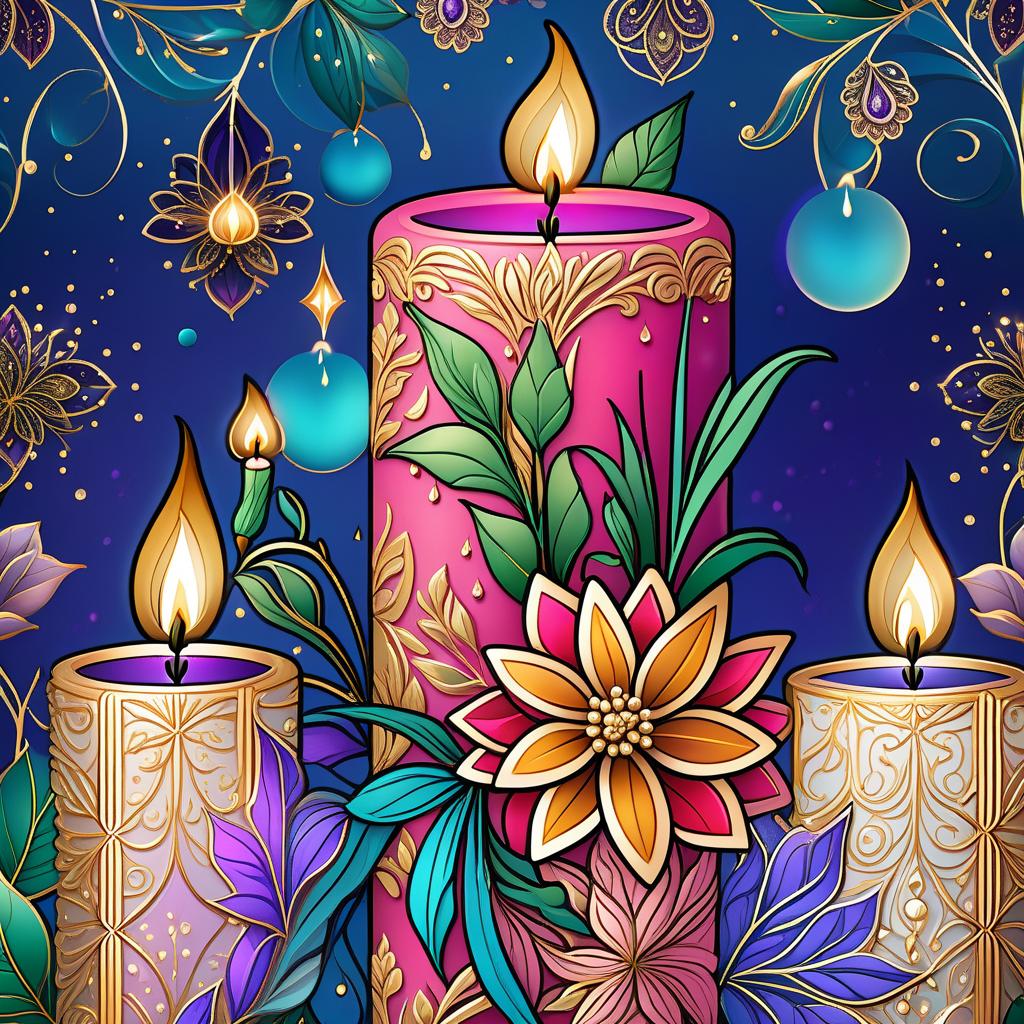  Luxury product style (Background):Dark blue night sky. In the sky turquoise golden stars and emerald fireworks. There are three candles on the background of the night sky. In the centre one is tall, on the sides wide and lower. (First candle decor)::pink framed with gold patterns and swirls of drops. In the middle of the candle is a flower bud and stem with emerald coloured leaves. Under the flower the candle is tied with a ribbon of blue blue colour. (Second and third candle decor):purple colour, framed with golden drops. In the middle is a purple coloured flower bud and stems with emerald coloured leaves. Zentangle have the signature uneven edge and rounded corners. The original tiles are in the form of geometric shapes: square, triangle, hyperrealistic, full body, detailed clothing, highly detailed, cinematic lighting, stunningly beautiful, intricate, sharp focus, f/1. 8, 85mm, (centered image composition), (professionally color graded), ((bright soft diffused light)), volumetric fog, trending on instagram, trending on tumblr, HDR 4K, 8K