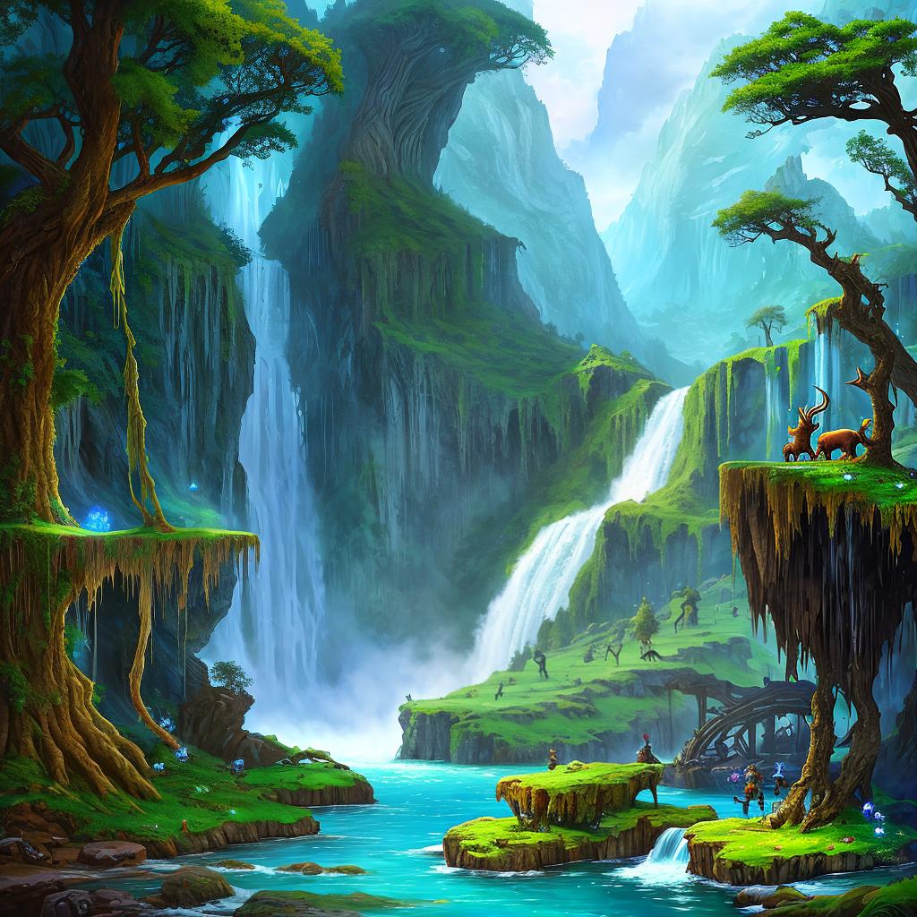  in a fantasy setting, Paint a surreal landscape where mythical beasts roam amidst cascading waterfalls.