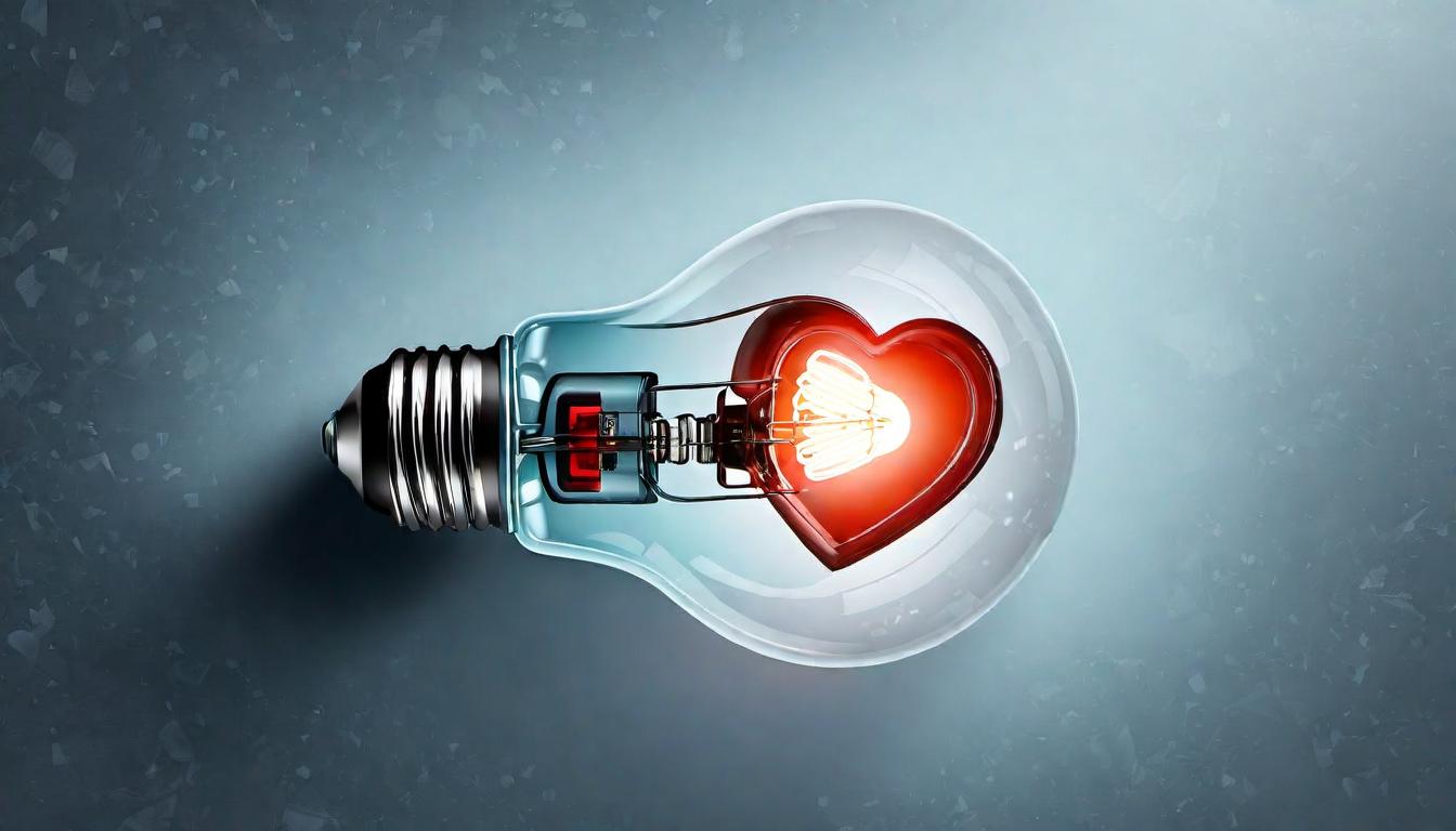  digital illustration A light bulb with a heart glowing inside, surrounded by digital elements, blending human warmth with technological innovation, insightful solutions looking at viewer, dynamic pose, (intricate details, masterpiece, best quality)