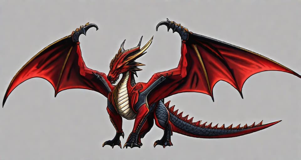  4k, Anime , a large, powerful red and gold dragon with long, pointed wings and a tail that can lash out fiercely. The dragon should have a muscular body, broad chest, and sharp claws. Its eyes should be slitted and fierce, reflecting its potentially destructive nature. The most prominent feature of this dragon should be its head, which should be adorned with a crest of sharp, pointed spikes. The red and gold coloration should make it stand out as a fierce, legendary creature. The wings should be outlined in gold and be large enough to carry the dragon aloft.