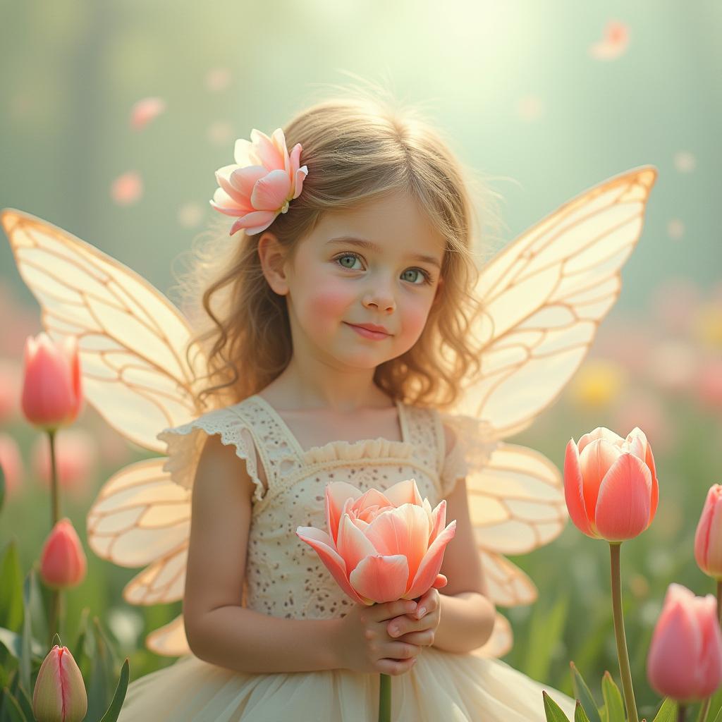  good quality, high quality, the image evokes a sense of innocence and wonder, embodied in the delicate features and gentle gaze of the fairy girl. the soft, pastel colors and swirling lines create a dreamlike atmosphere, suggesting a world untouched by harsh realities. the tulips, symbols of new beginnings and hope, hint at a blossoming innocence and the promise of beauty yet to unfold. the overall effect is one of ethereal grace and tranquility, inviting the viewer to lose themselves in a moment of pure, childlike enchantment.