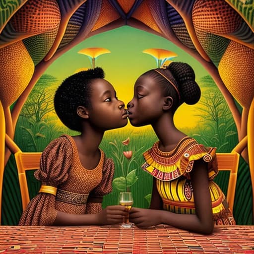  Alice and a African girl kissing at a wild drinking party, stable diffusion, absolute reality v1.6, in the style of jacek yerka,