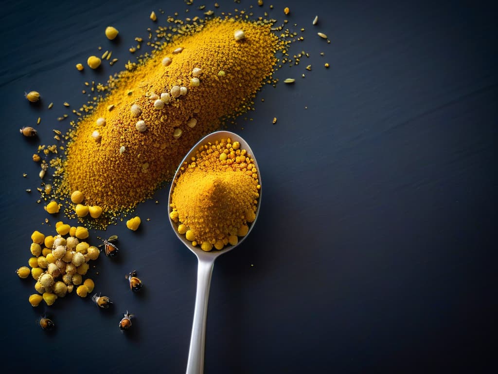  A highresolution, minimalist image featuring a closeup of a delicate, golden spoon filled with vibrant bee pollen, contrasting against a sleek, matte black background. The bee pollen is glistening under a soft, focused light, emphasizing its natural texture and rich color. The image conveys a sense of elegance and sophistication, perfectly complementing the professional and inspiring tone of the article about enhancing desserts with the benefits of bee pollen. hyperrealistic, full body, detailed clothing, highly detailed, cinematic lighting, stunningly beautiful, intricate, sharp focus, f/1. 8, 85mm, (centered image composition), (professionally color graded), ((bright soft diffused light)), volumetric fog, trending on instagram, trending on tumblr, HDR 4K, 8K