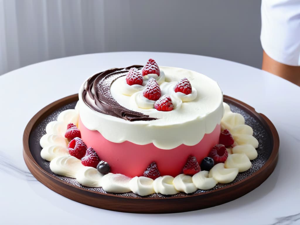  An ultradetailed image of a pristine white marble countertop with a sleek, modern stainless steel mixing bowl filled with a fluffy, glutenfree cake batter being delicately folded in by a chef's hand. The batter is a rich chocolate color with swirls of vibrant red raspberry puree, and a scattering of plump, juicy raspberries and dark chocolate chunks glistening on the side. The lighting is soft and natural, casting gentle shadows that create a sense of depth and warmth, while the overall composition exudes a sense of precision and elegance. hyperrealistic, full body, detailed clothing, highly detailed, cinematic lighting, stunningly beautiful, intricate, sharp focus, f/1. 8, 85mm, (centered image composition), (professionally color graded), ((bright soft diffused light)), volumetric fog, trending on instagram, trending on tumblr, HDR 4K, 8K